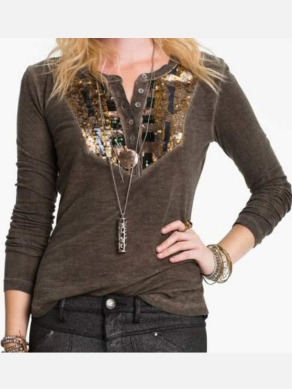 Free People Tiger Eye Henley Y2K 2010s Indie Brown Taupe Long Sleeve Top